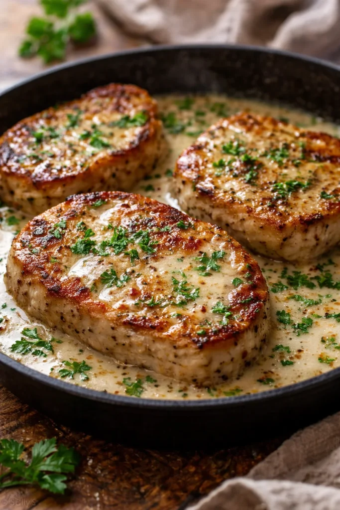 Delicious Garlic Parmesan Pork Chops served on a plate with herbs