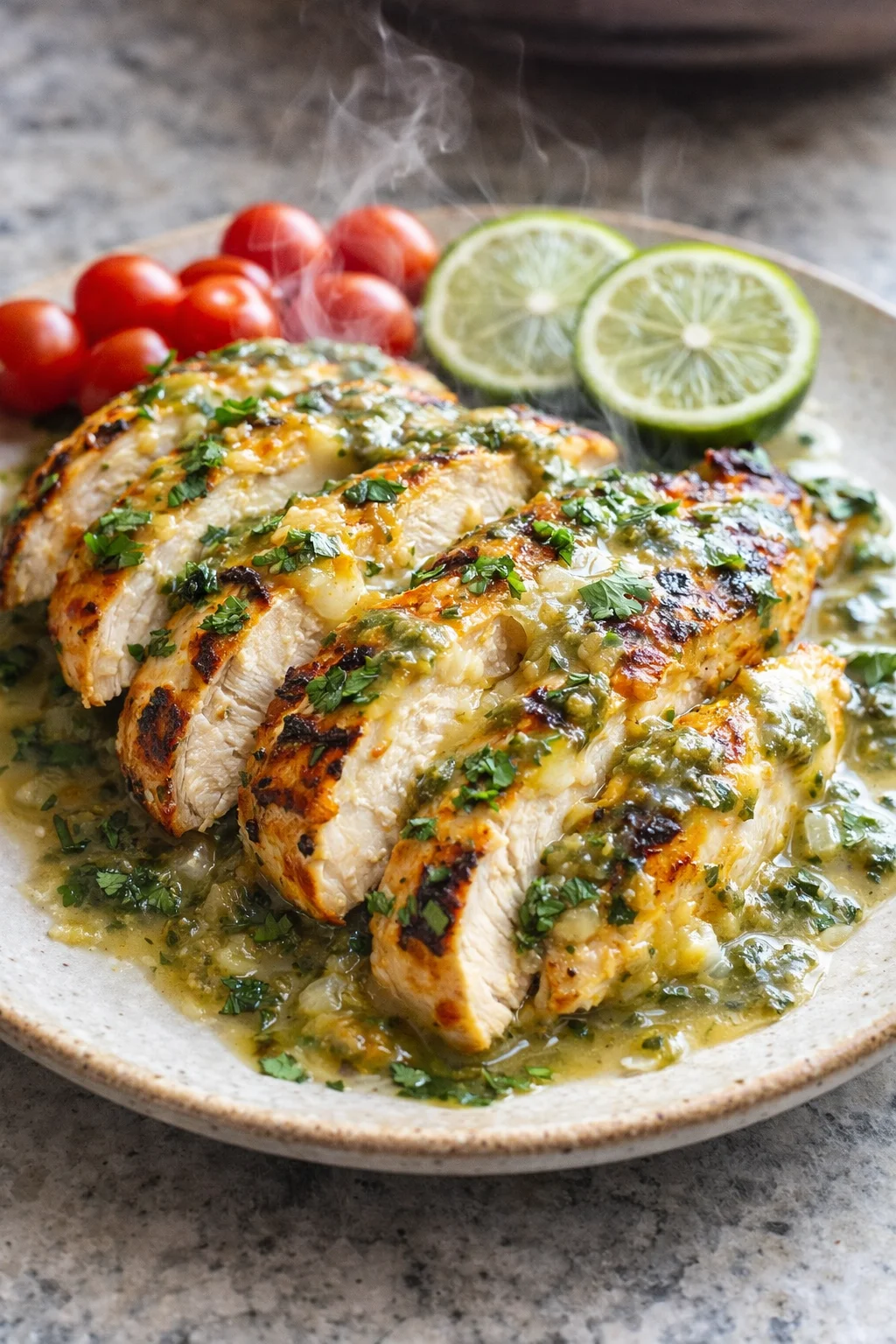 Grilled salsa verde chicken topped with melted pepper jack cheese