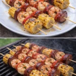 Delicious grilled seafood skewers served on a platter.