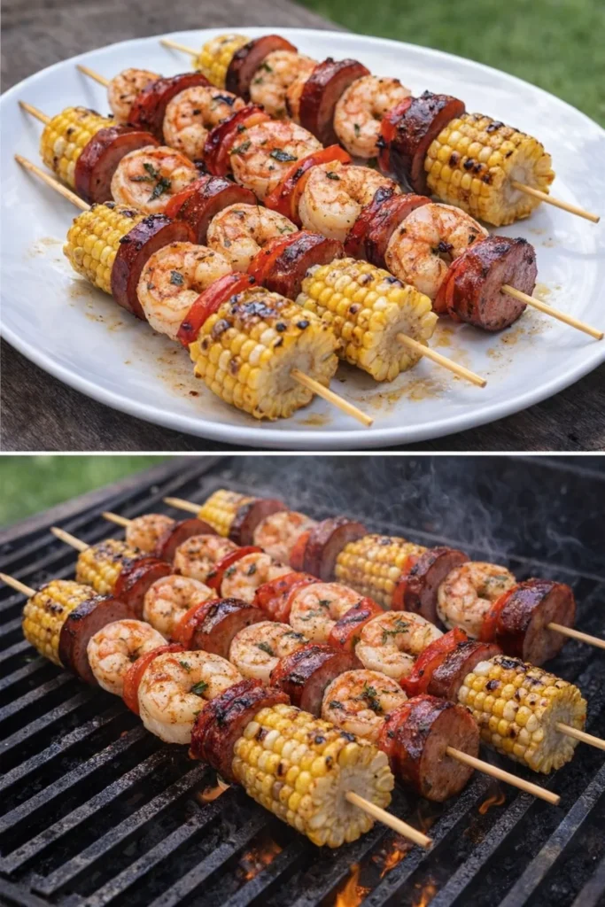 Delicious grilled seafood skewers served on a platter.
