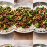 Delicious ground beef and broccoli stir-fry in a bowl with sesame seeds.