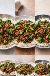Delicious ground beef and broccoli stir-fry in a bowl with sesame seeds.