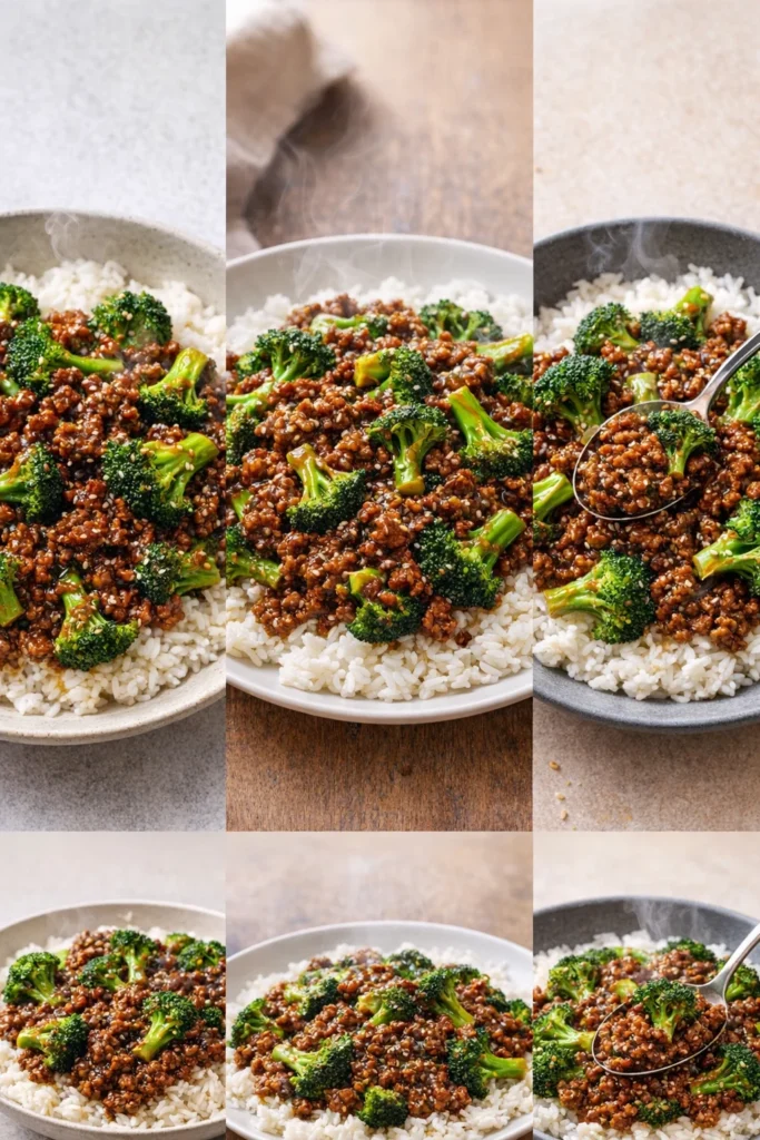 Delicious ground beef and broccoli stir-fry in a bowl with sesame seeds.