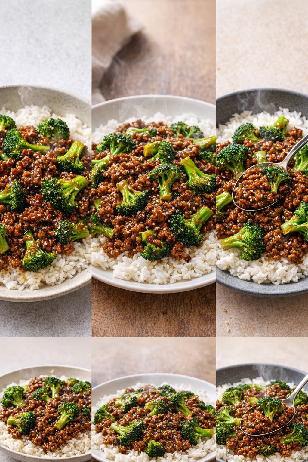 Delicious ground beef and broccoli stir-fry in a bowl with sesame seeds.