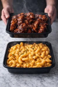 High Protein Honey BBQ Chicken Mac & Cheese meal prep in a glass container