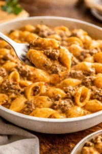 A delicious bowl of homemade hamburger helper with ground beef and pasta.
