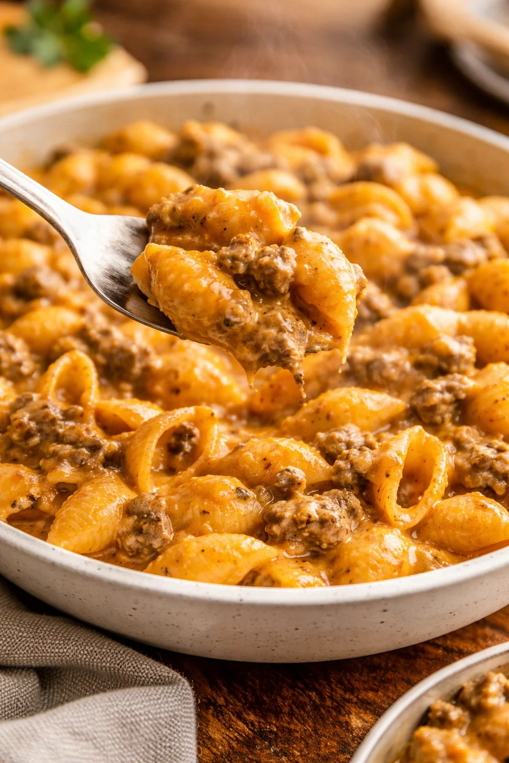 A delicious bowl of homemade hamburger helper with ground beef and pasta.