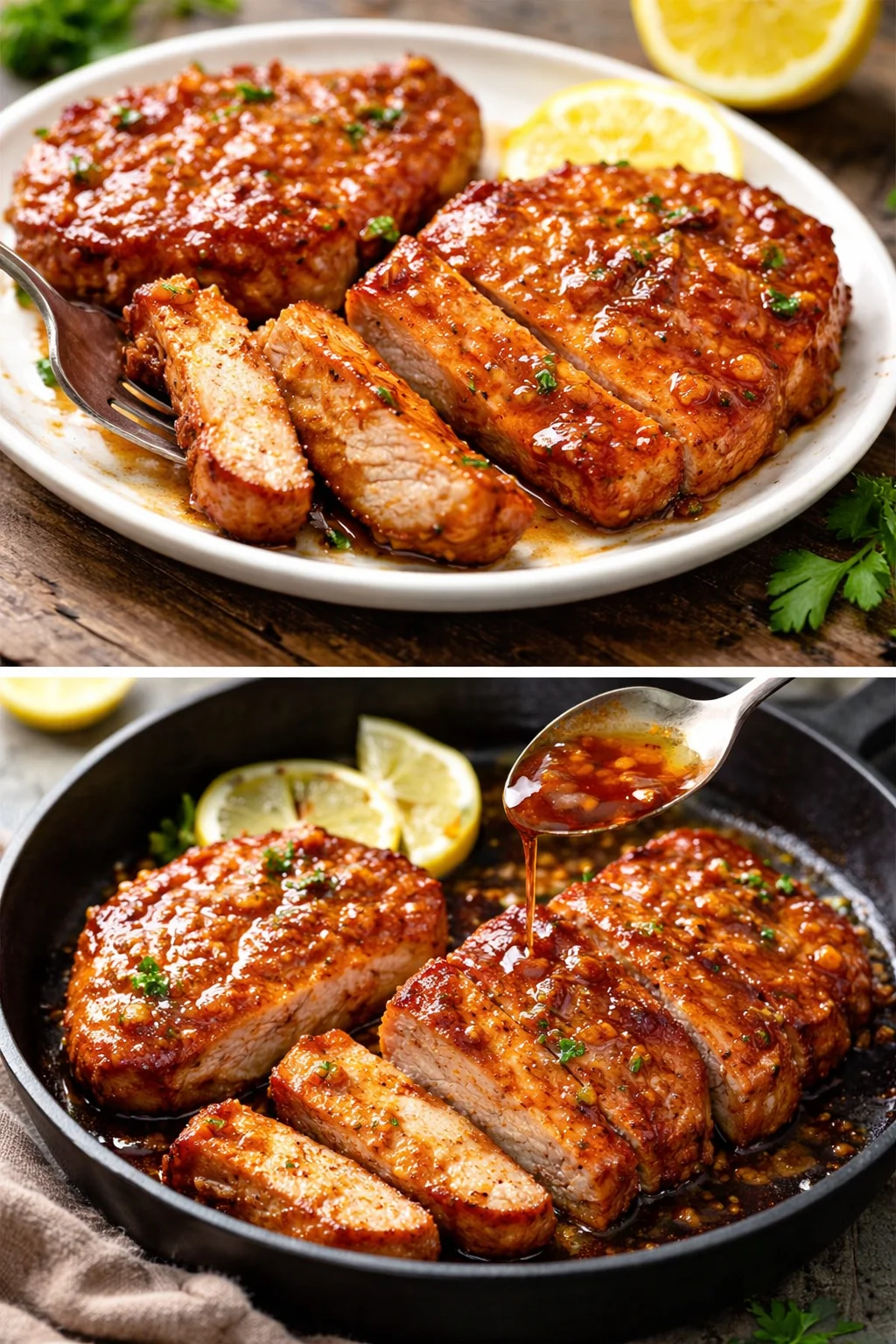 Honey garlic boneless pork chops cooked to perfection