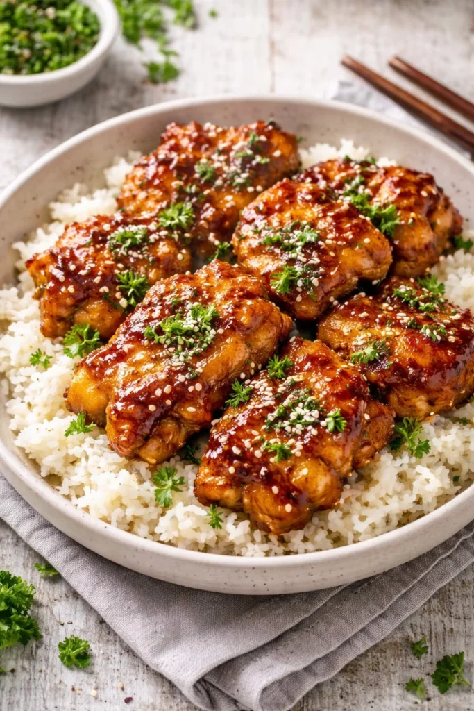 Delicious Honey Garlic Chicken Thighs garnished and ready to enjoy.