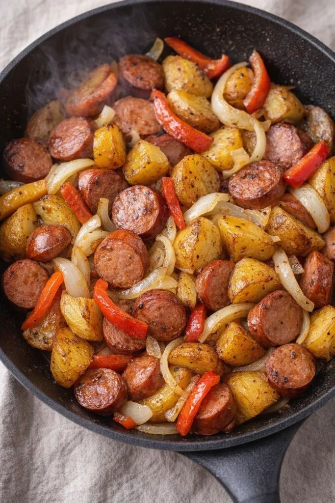 A plate of kielbasa and potatoes garnished with fresh herbs.