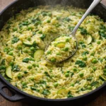 Bowl of Lemon Orzo with Zucchini topped with fresh herbs