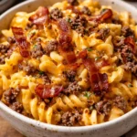 Creamy Loaded Bacon Cheeseburger Pasta topped with crispy bacon and cheese