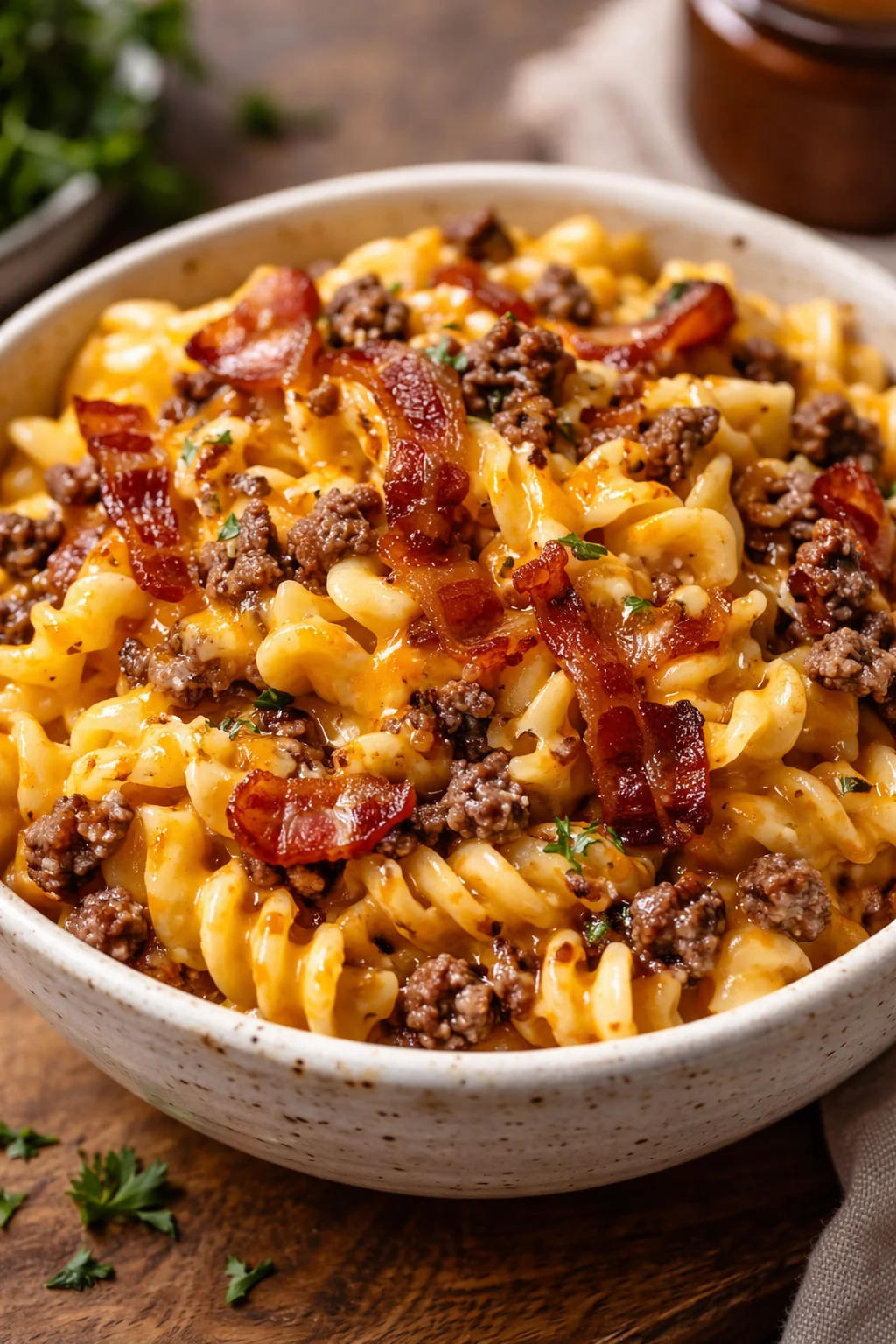 Creamy Loaded Bacon Cheeseburger Pasta topped with crispy bacon and cheese
