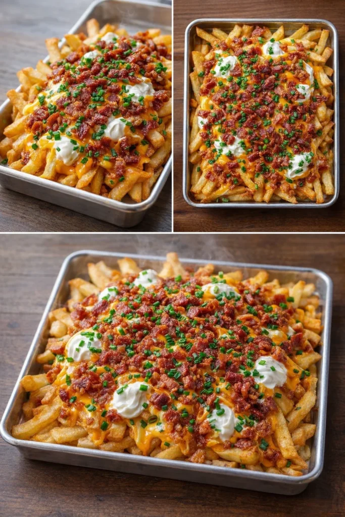 Delicious loaded fries topped with cheese, bacon, and toppings