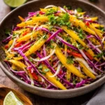 Colorful and vibrant mango slaw served in a bowl, garnished with herbs.