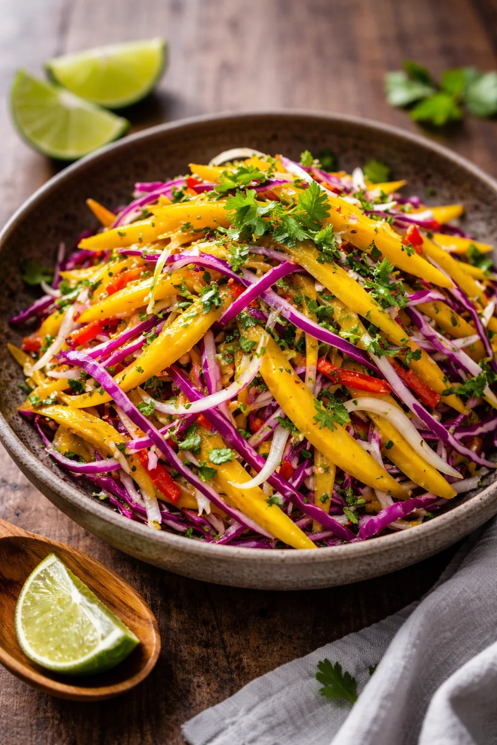 Colorful and vibrant mango slaw served in a bowl, garnished with herbs.