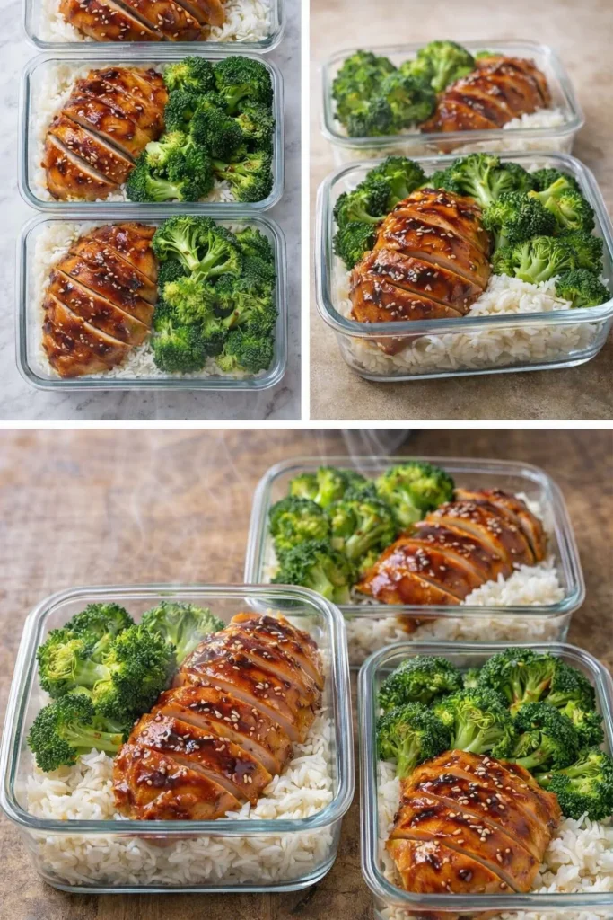 Meal prep teriyaki chicken bowls with rice and vegetables