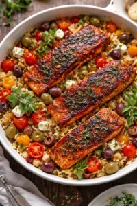 Plate of Mediterranean Salmon garnished with herbs and vegetables