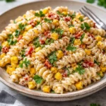 Bowl of Mexican street corn pasta salad topped with cilantro and lime