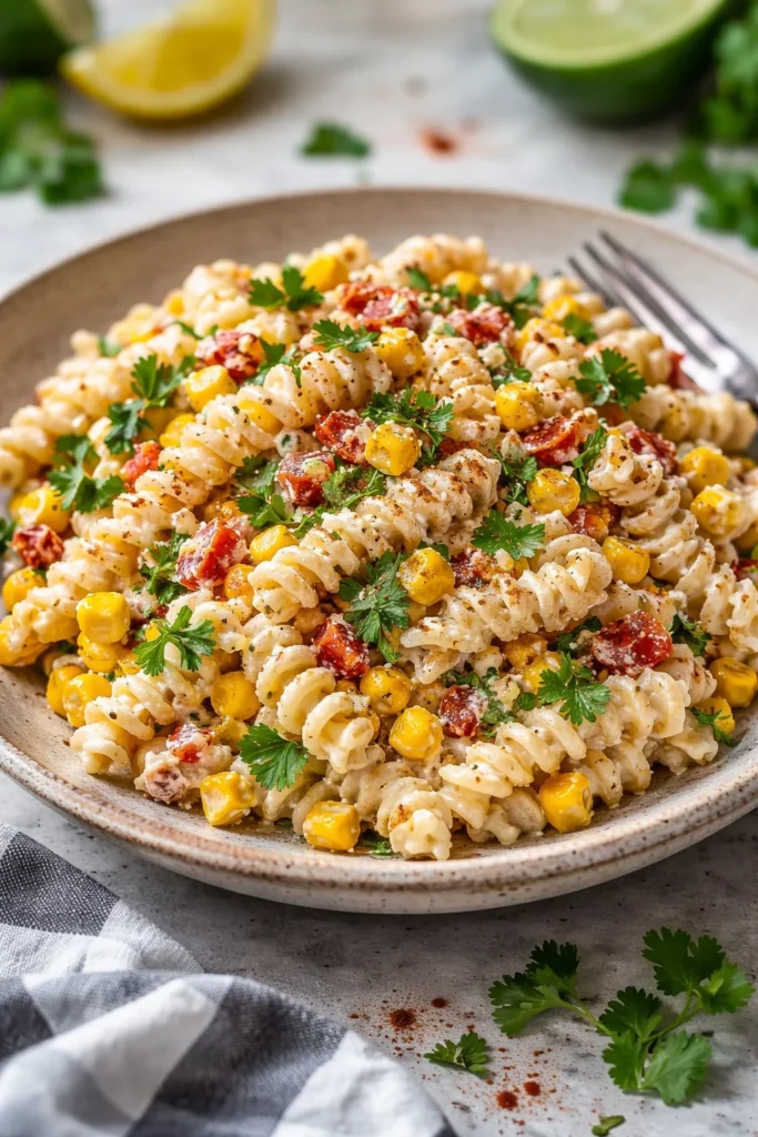 Bowl of Mexican street corn pasta salad topped with cilantro and lime