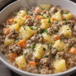 Creamy meat and potato skillet served in a cast iron pan with fresh herbs