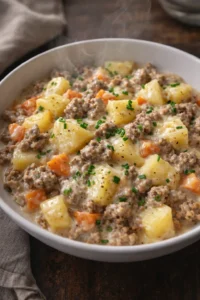 Creamy meat and potato skillet served in a cast iron pan with fresh herbs