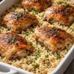 Oven-baked chicken and rice dish served in a white bowl topped with herbs