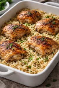 Oven-baked chicken and rice dish served in a white bowl topped with herbs
