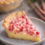 Delicious rhubarb custard pie sliced and served on a plate