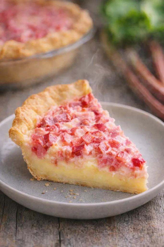 Delicious rhubarb custard pie sliced and served on a plate