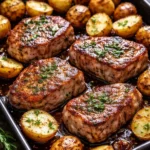 Sheet pan meal featuring juicy pork chops and crispy potatoes