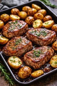 Sheet pan meal featuring juicy pork chops and crispy potatoes