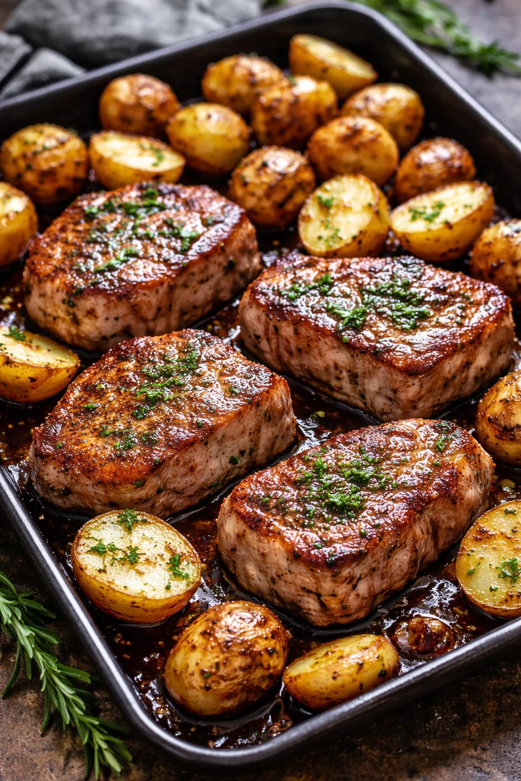 Sheet pan meal featuring juicy pork chops and crispy potatoes