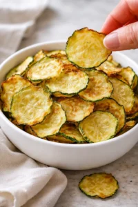 Crispy salt and vinegar zucchini chips served in a bowl