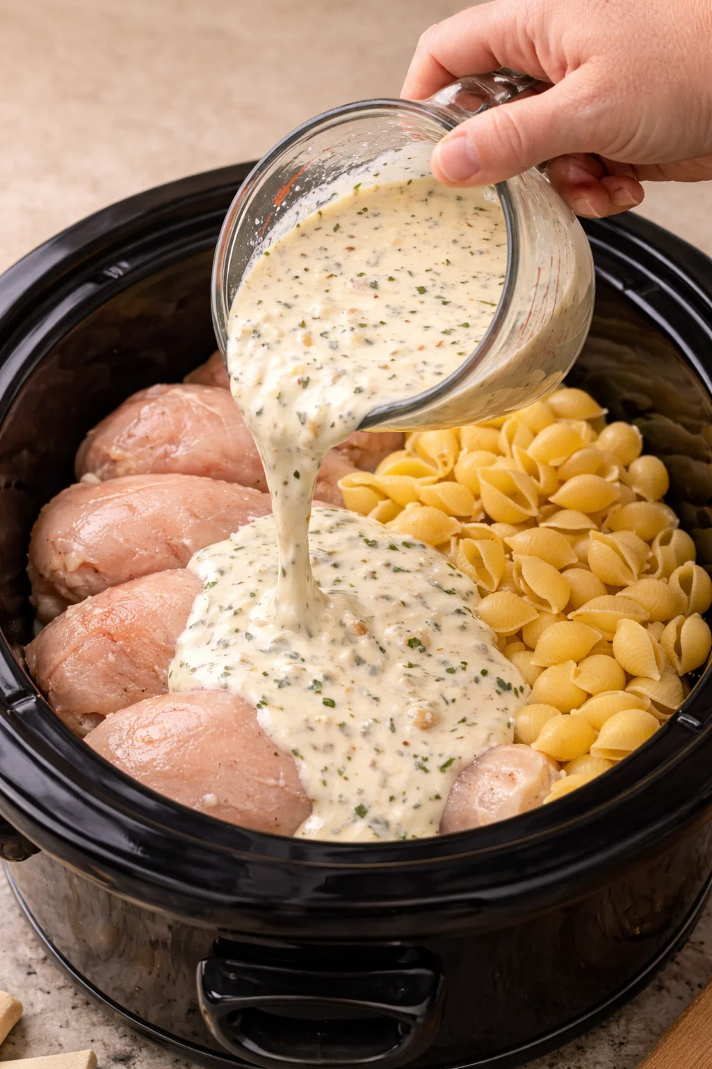 Slow Cooker Chicken and Shells dish served in a bowl with herbs