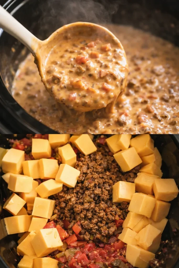 Creamy slow cooker queso dip served in a bowl with tortilla chips