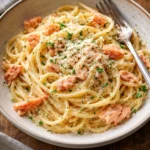 Delicious smoked salmon carbonara dish with creamy sauce and pasta