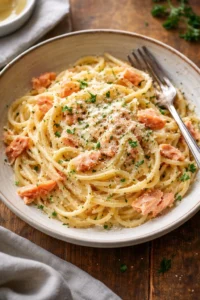 Delicious smoked salmon carbonara dish with creamy sauce and pasta