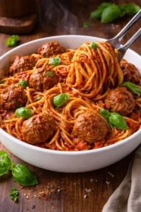 Plate of homemade spaghetti and meatballs topped with parmesan cheese and herbs