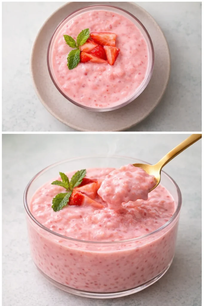 Delicious strawberry sago dessert with fresh strawberries and tapioca pearls