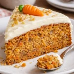 Super moist carrot cake with cream cheese frosting on a rustic table
