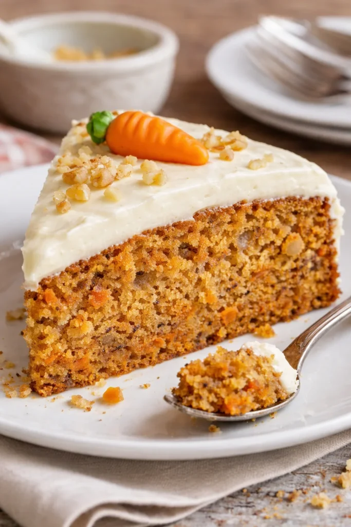 Super moist carrot cake with cream cheese frosting on a rustic table