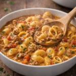 Taco Pasta dish with ground beef, cheese, and pasta topped with fresh ingredients