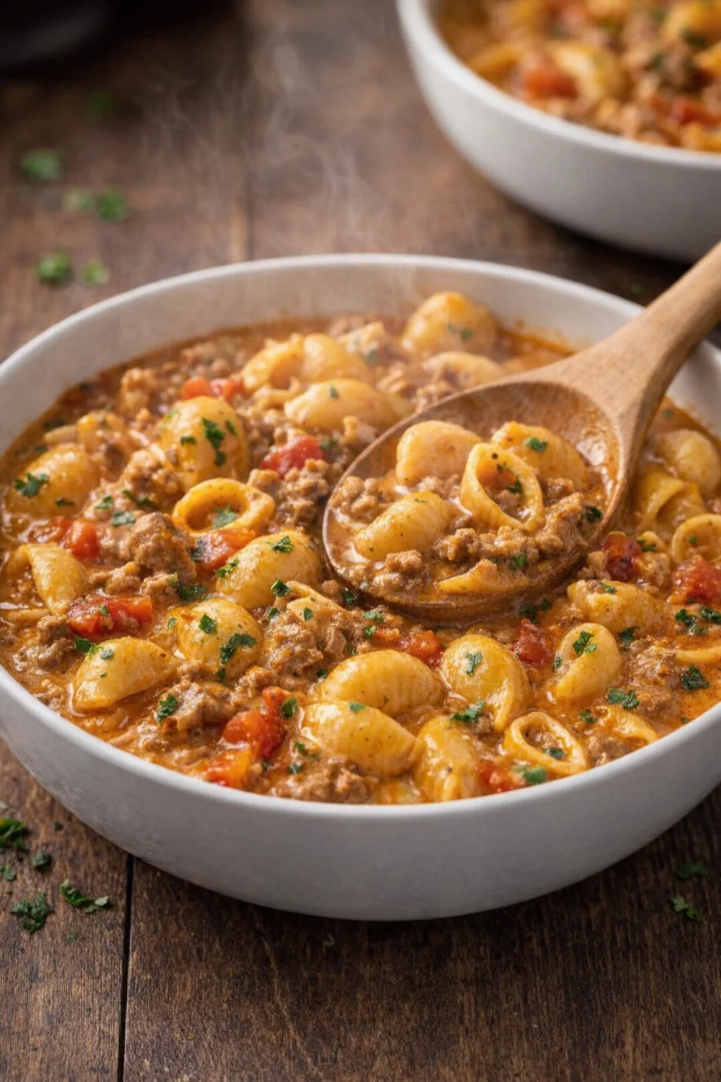 Taco Pasta dish with ground beef, cheese, and pasta topped with fresh ingredients