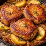 Tender apple butter pork chops served on a plate with fresh herbs