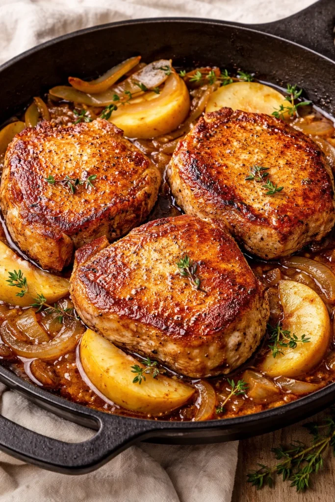 Tender apple butter pork chops served on a plate with fresh herbs