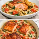 Plated Tuscan Salmon garnished with fresh herbs and vegetables