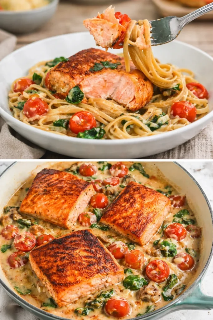 Plated Tuscan Salmon garnished with fresh herbs and vegetables