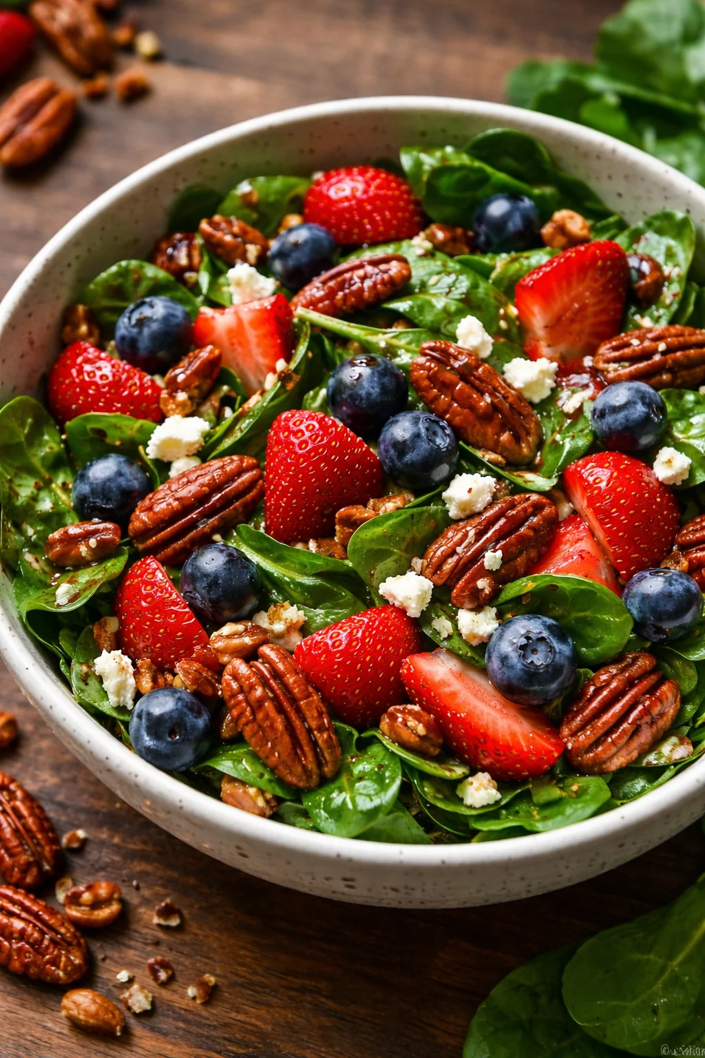 30-Minute Strawberry Spinach Salad with fresh strawberries and spinach leaves