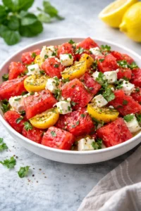 A vibrant watermelon feta salad with fresh mint and lime juice